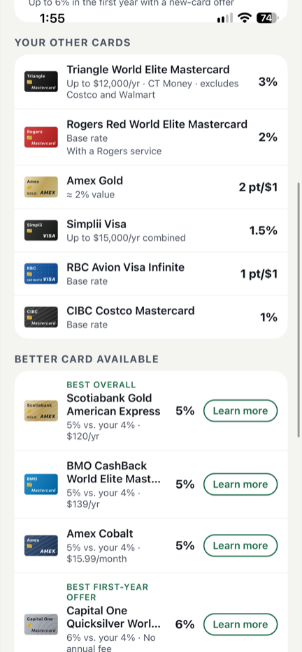 The Better card available list in TapRight