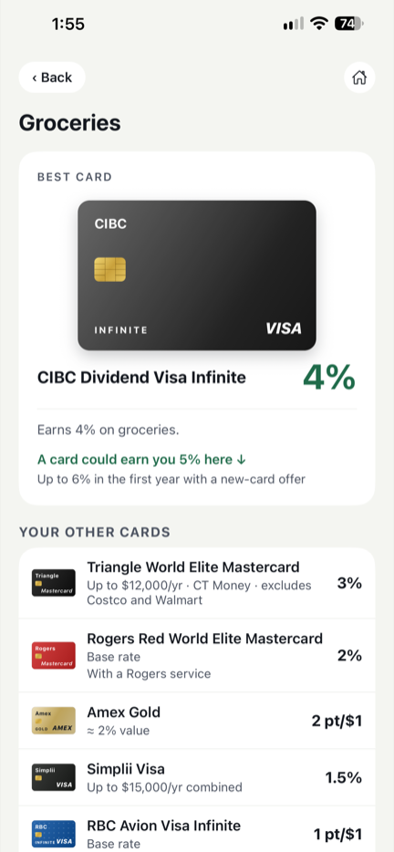 TapRight showing the best card for groceries: CIBC Dividend Visa Infinite at 4%